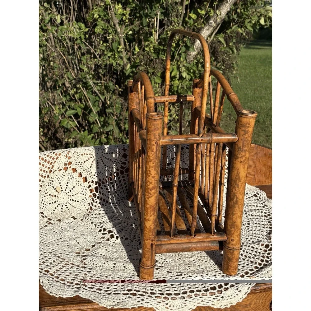 Vintage Bamboo Rattan MCM Magazine Rack Vinyl Storage Holder 14